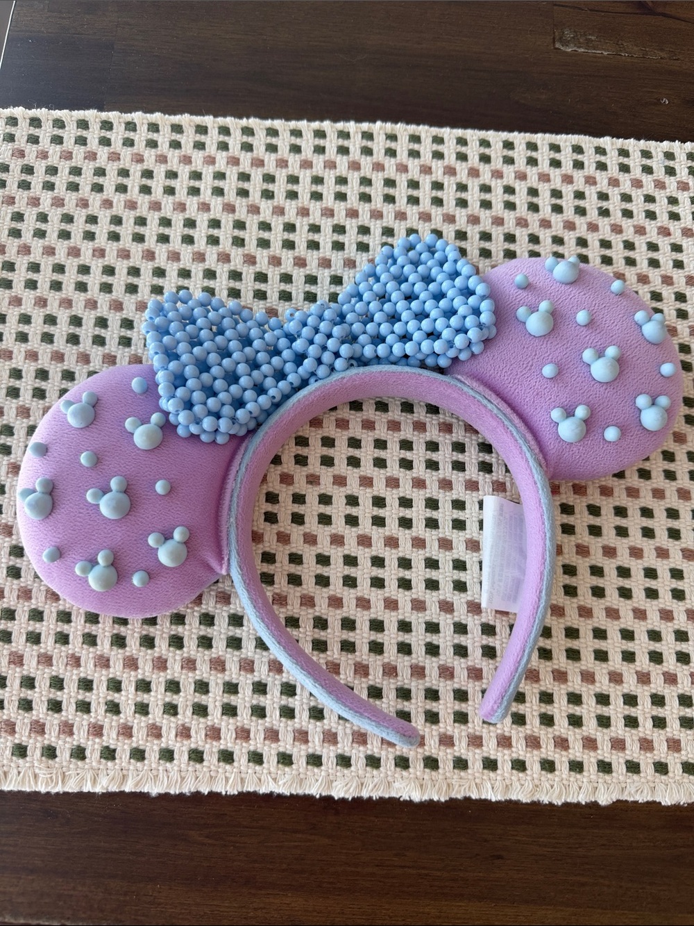 Purple Minnie Ear Headband with Blue Beaded Bow